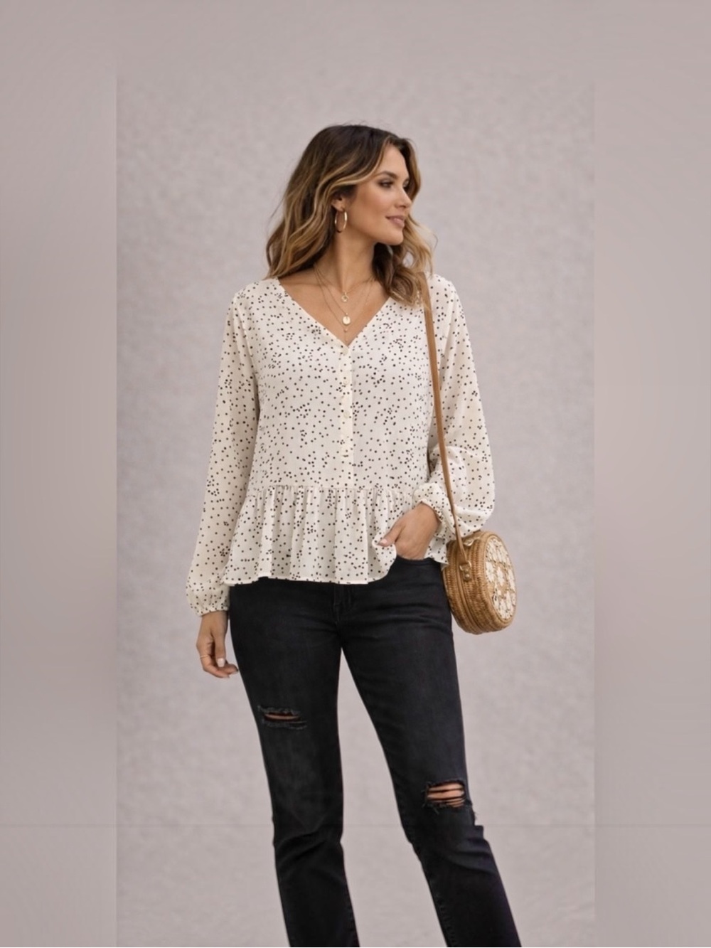 Candie’s Polka Dot Peplum Balloon Sleeve V-Neck Blouse Black Ivory XXL